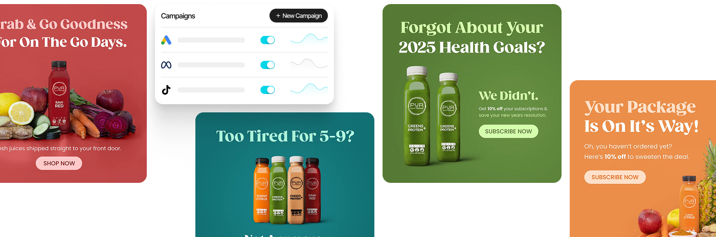 AdTech campaign operations: display creatives for a juice brand and a campaign manager across Google, Meta and TikTok