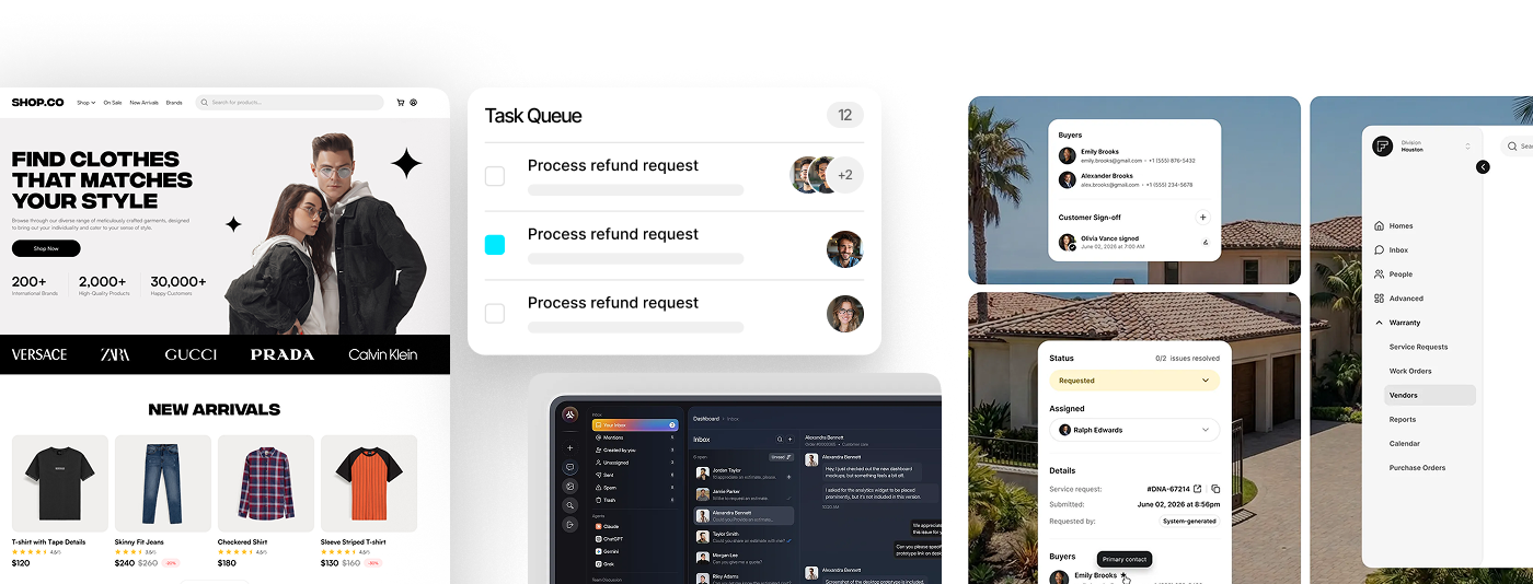 Back-office operations tools: an online store, a task queue, a support inbox and a warranty request dashboard