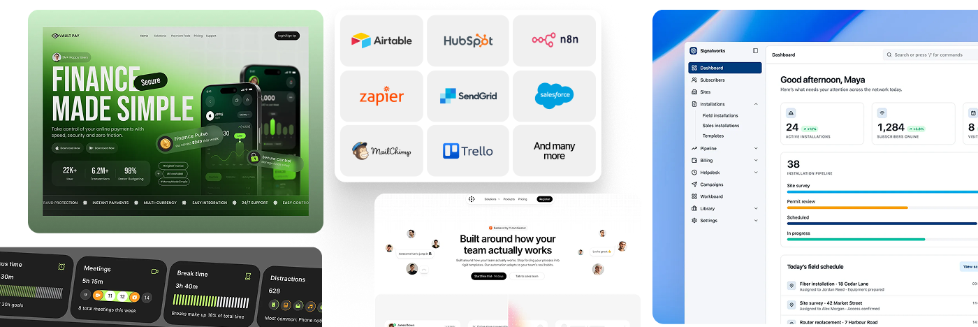 ERP and business systems: a finance app, integrations such as HubSpot, n8n and Salesforce, and an operations dashboard
