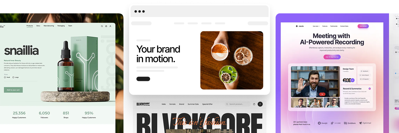 Website development examples: a skincare storefront, a brand landing page and an AI meeting tool homepage