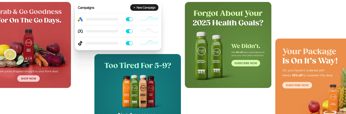 AdTech campaign operations: display creatives for a juice brand and a campaign manager across Google, Meta and TikTok