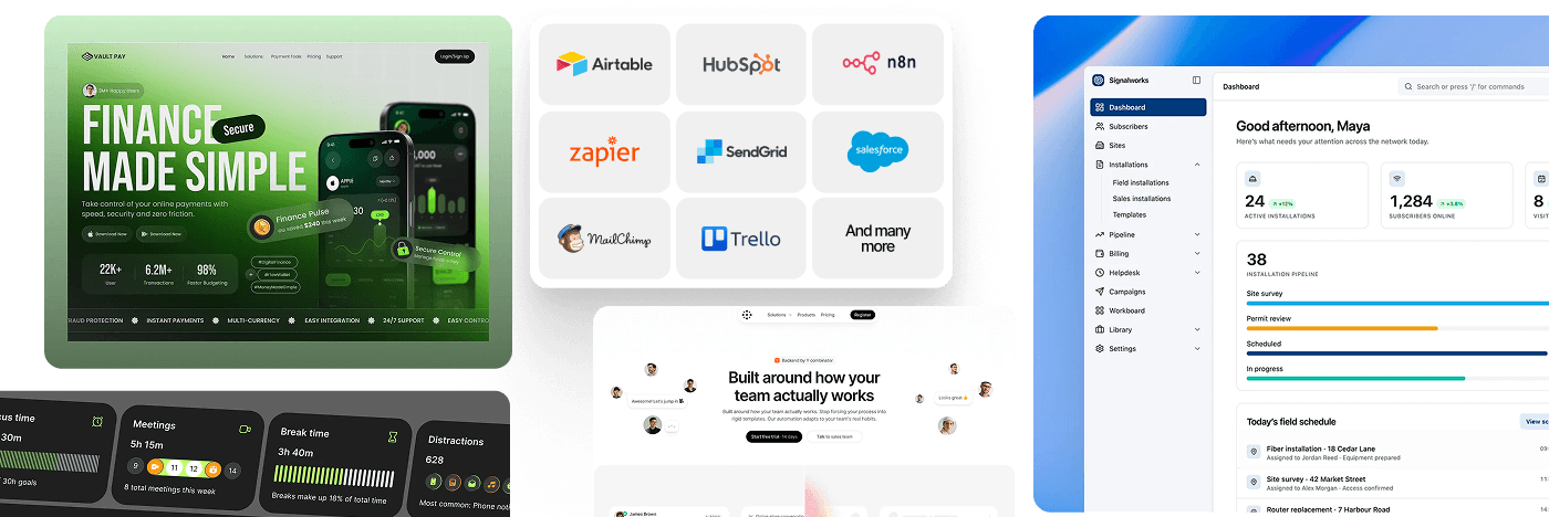 ERP and business systems: a finance app, integrations such as HubSpot, n8n and Salesforce, and an operations dashboard